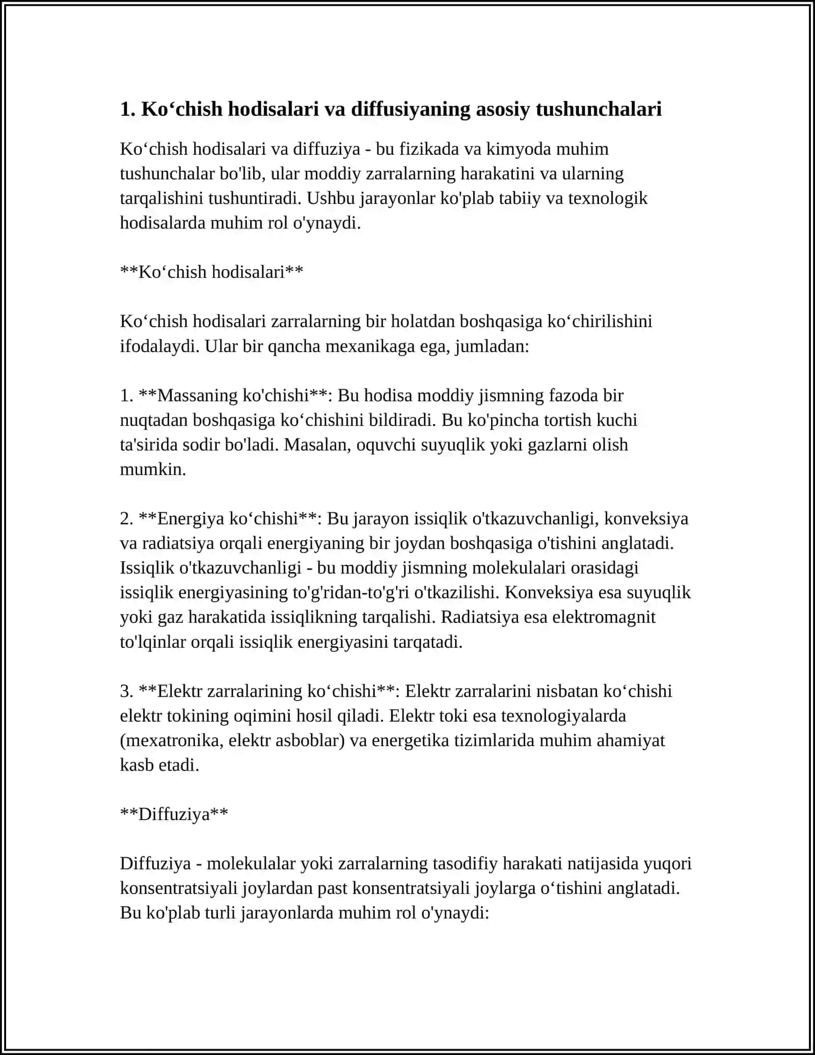 KOʻCHISH HODISALARI. DIFFUZIYA, ISSIQLIK OʻTKAZUVCHANLIK VA QOVUSHQOQLIK 4