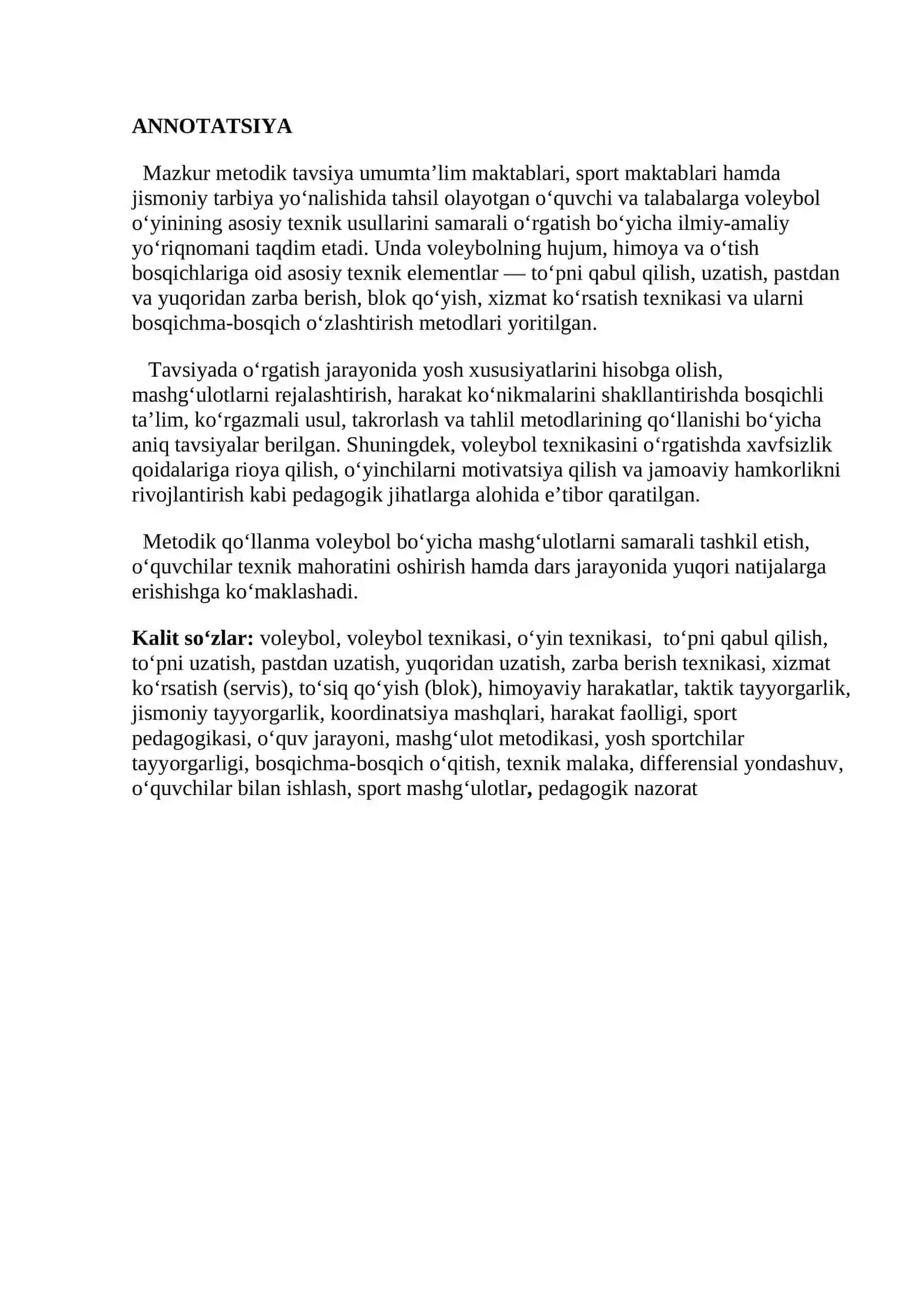 « VOLEYBOL O‘YINI TEXNIKASINI O‘RGATISH »	 nomli METODIK TAVSIYA 4