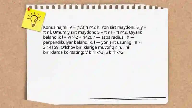 Aylanma jismlar, ularning sirtlari va hajmlari. Fazoviy figuralarning oʻzaro kombinatsiyasiga oid masalalar yechish. 4