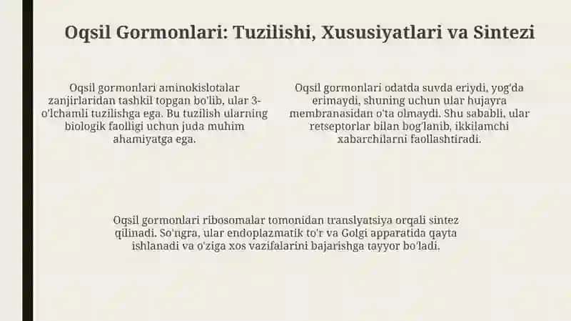 Gormonlar. Oqsil gormonlar, funksiyasi, tabiiy manbalari, xossalari 4