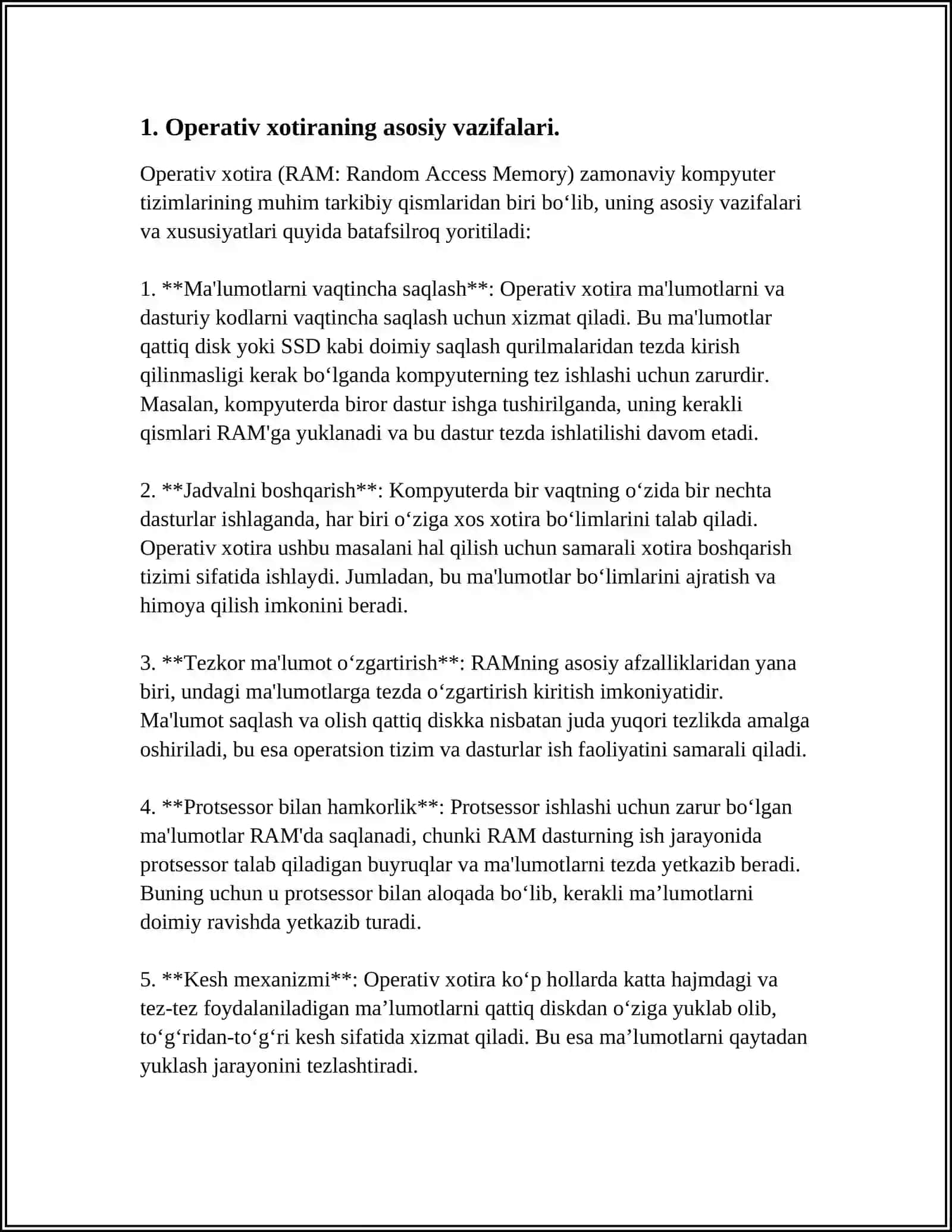 ZAMONAVIY KOMPYUT- ERlarda ISHLAYOTGAN OPERATIV XOTIRA QURILMALARI (ULARNING TUZILISHI, KO‘RSATKICHLARI VA XUSUSIYATLARI) 4