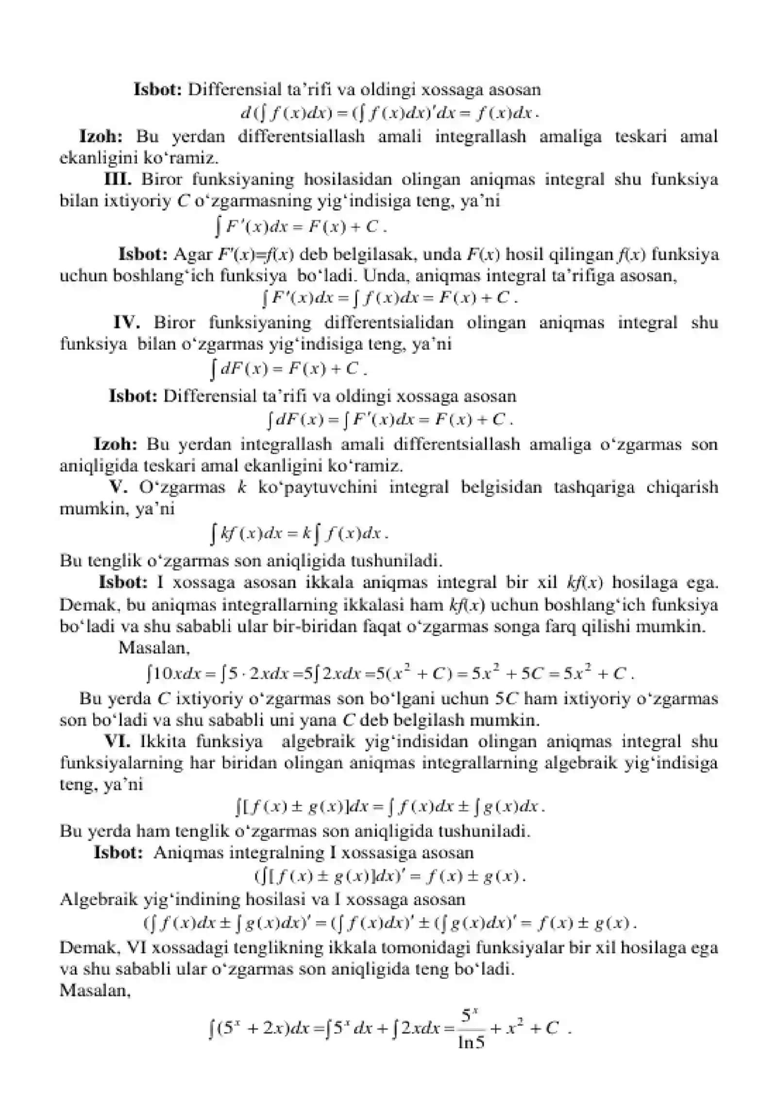 Boshlang'ich funksiya va aniqmas integral. Aniq integral va uning asosiy xossalari 4