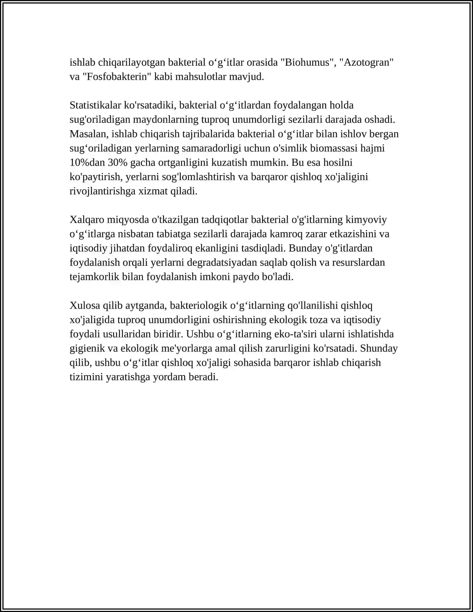 TUPROQ UNUMDORLIGINI OSHIRISHDA BAKTEROLOGIK OʻGʻITLARNI QOʻLLASH HAMDA MASKUR OʻGʻITLARNI MADANIY OʻSIMLIKLARNI BIONAZORAT QILISHDAGI OʻRNI 4