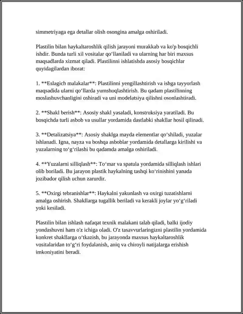 PLASTILIN BILAN ISHLASHDA HAYKALTAROSHLIK ELEMENTLARIDAN FOYDALANISH 4