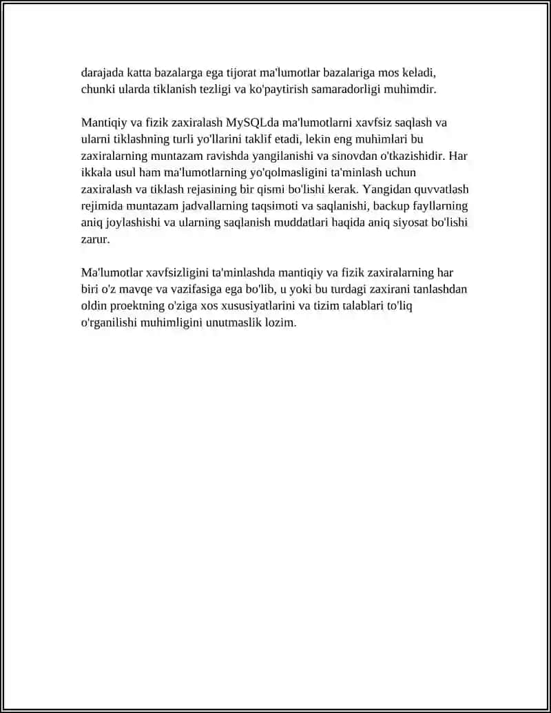 MYSQL ZAXIRALASH VA TIKLASH AMALIYOTI 4
