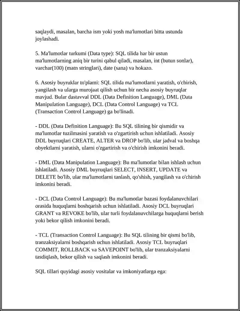 SQL TILI VA TUZILMASI 4