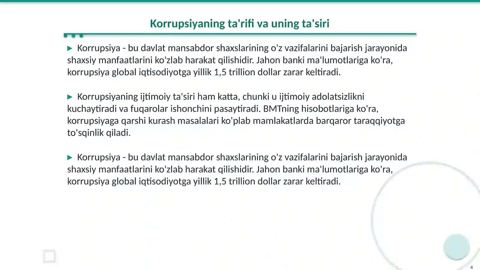 Globallashuv va barqaror taraqqiyot falsafasi: Korrupsiyaga qarshi kurashning jahon tajribasi. O‘zbekistonning korrupsiyaga qarshi kurash siyosati 4