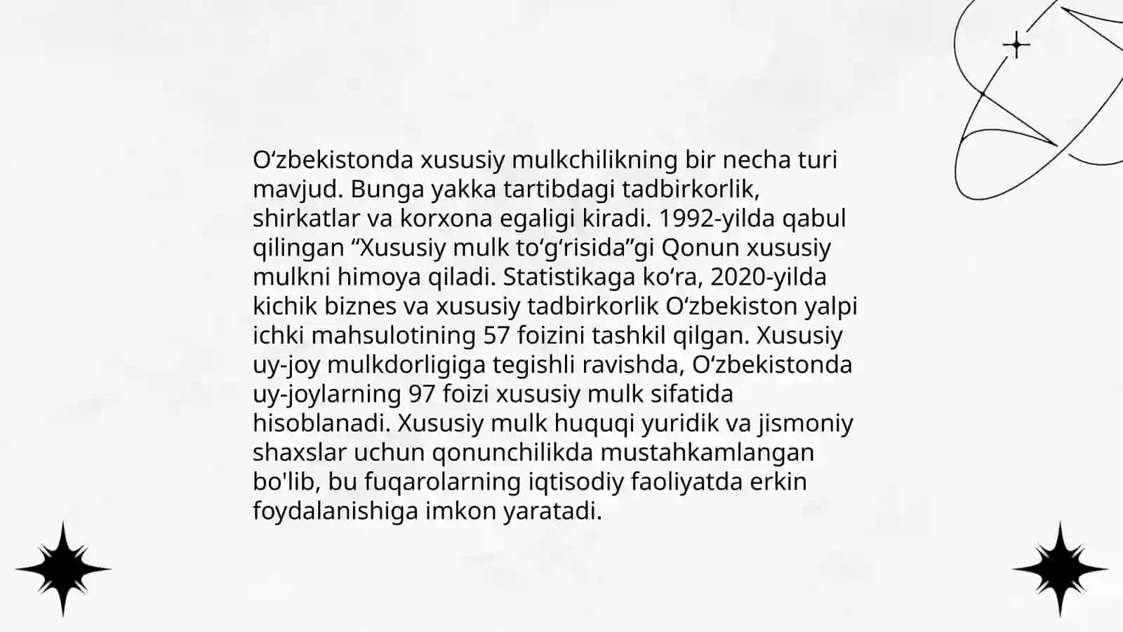 Iqtisodiy islohotlar, xususiy mulkchilikning shakllanishi. Oʻzbekistonda bozor munosabatlarining rivojlanishi 4