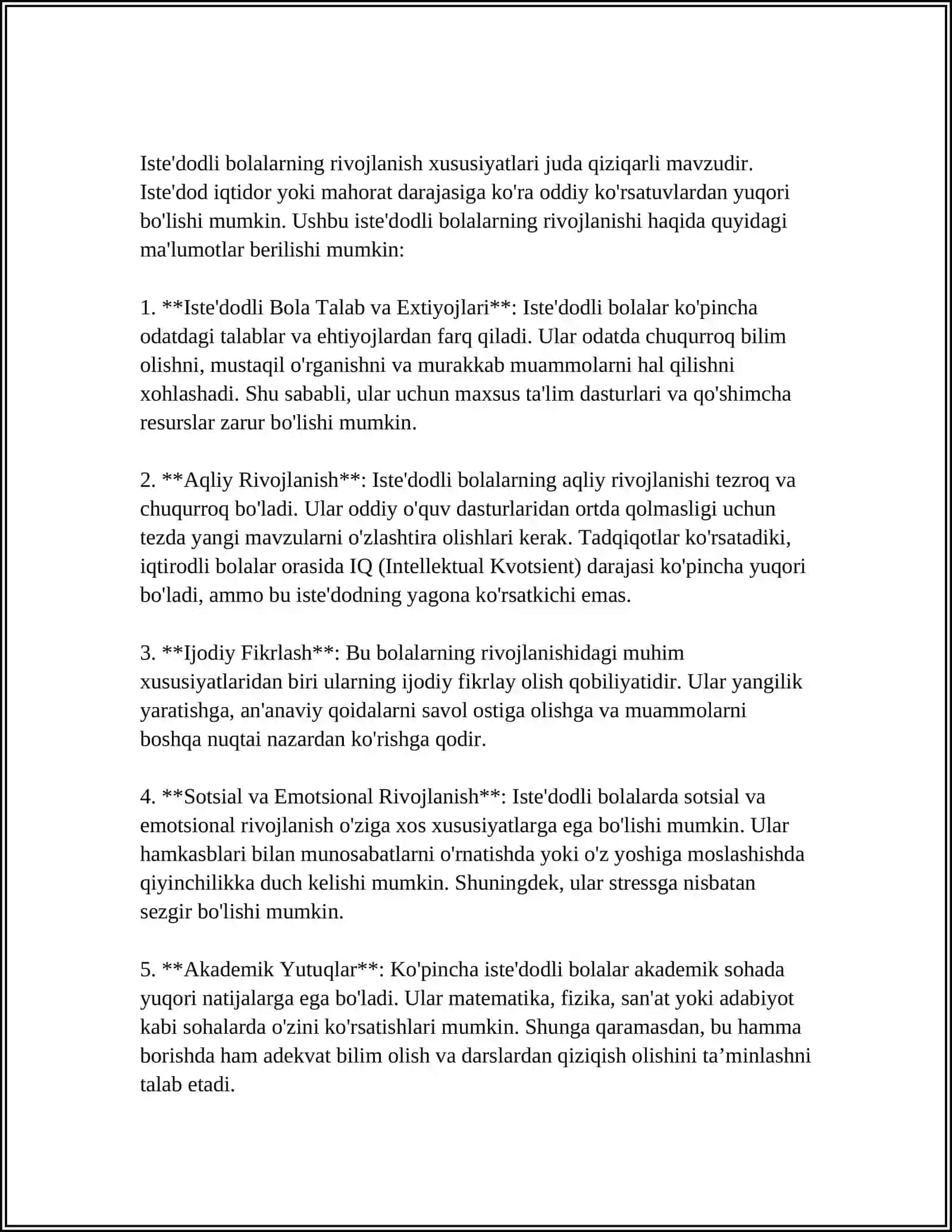 MUSTAQIL ISH Mavzu: ISTE'DODLI BOLALARNI ANIQLASH VA ULARNI TARBIYALASH 4