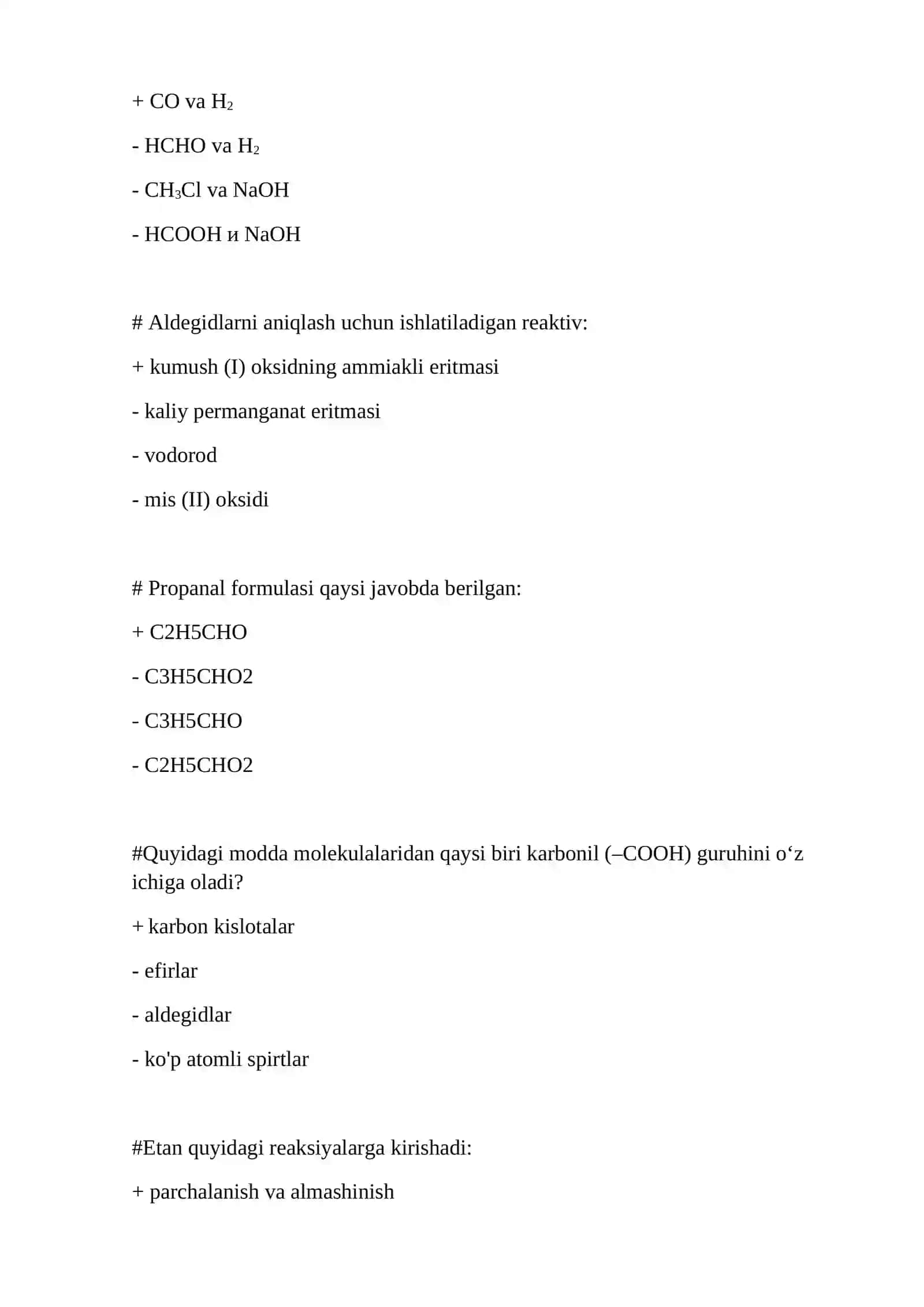 ORGANIK KIMYO FANIDAN YAKUNIY NAZORAT UCHUN TEST SAVOLLARI 4