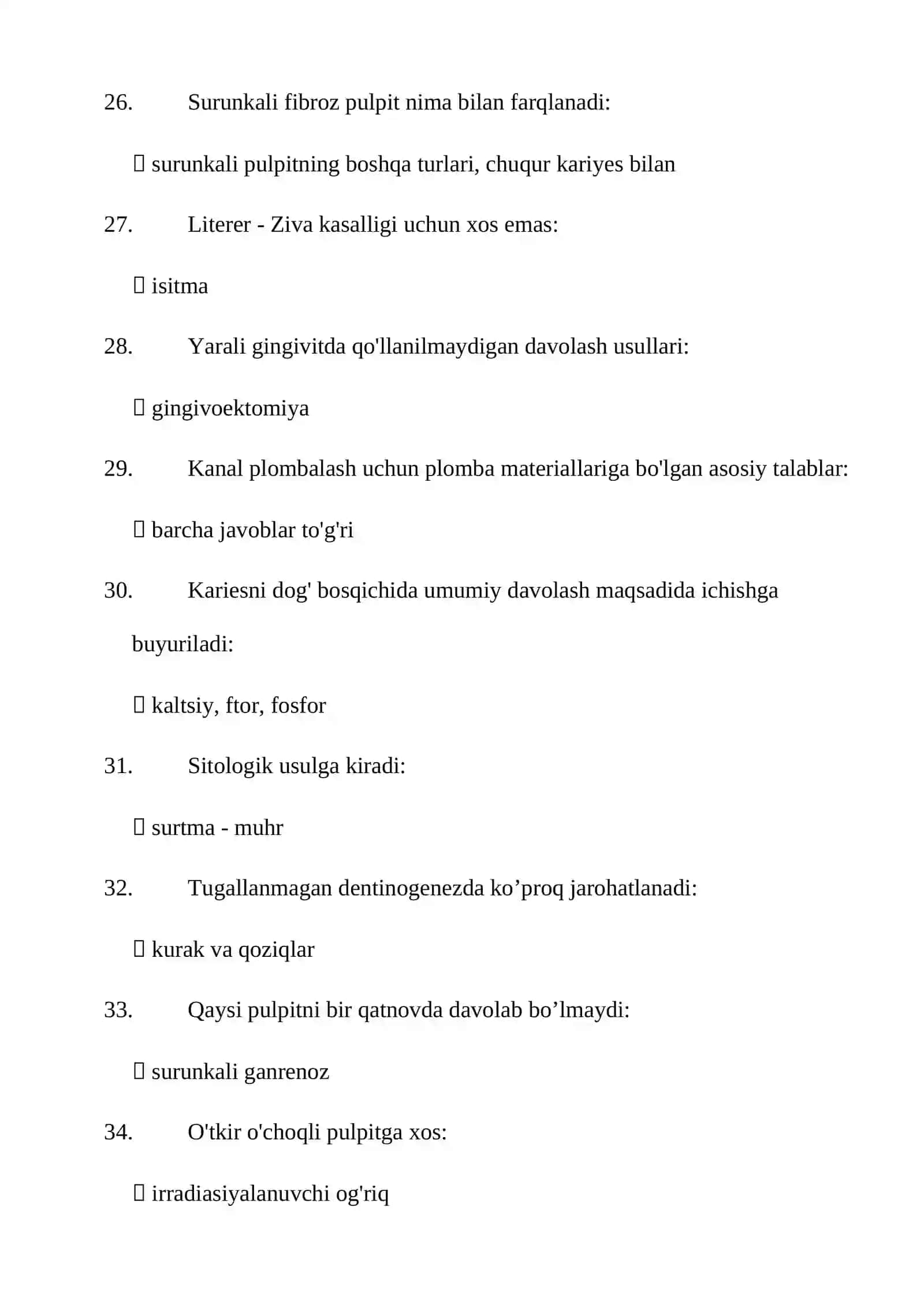 Stomotologiya toifa test savol javoblari bilan qo'llanma 4