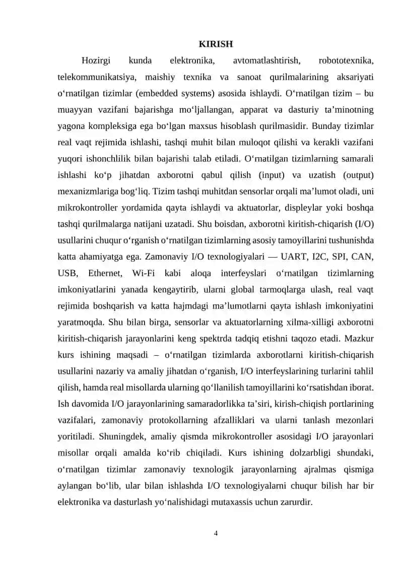 O‘rnatilgan tizimlarda axborotlarni kiritish-chiqarish usullari. 4