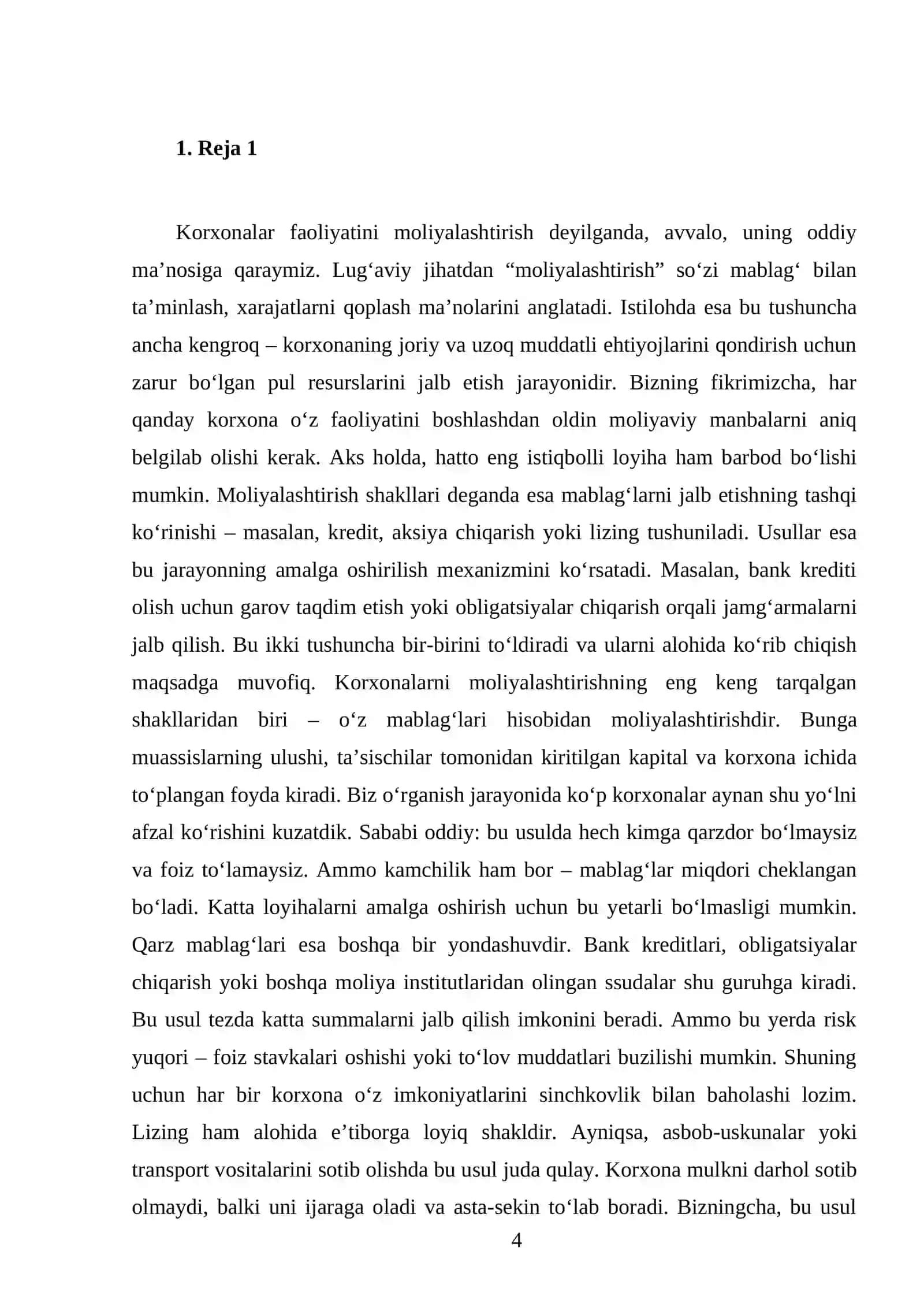 Korxonalar faoliyatini moliyalashtirish. Korxonalarni moliyalashtirishning shakl va usullari 4