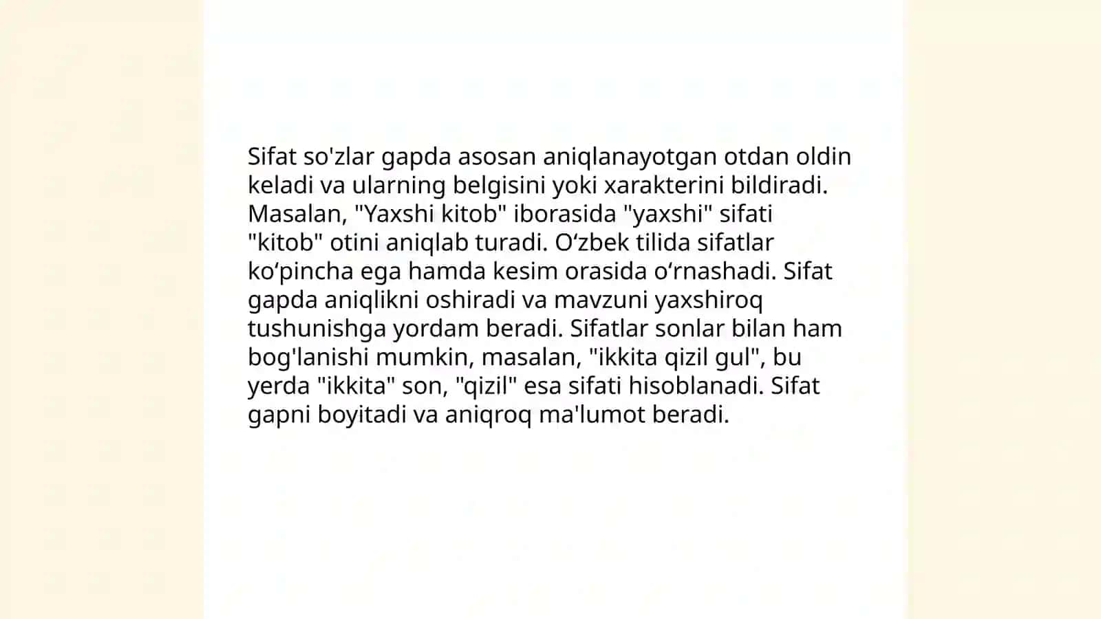 Sifat soʻz turkumining matndagi oʻrni 4