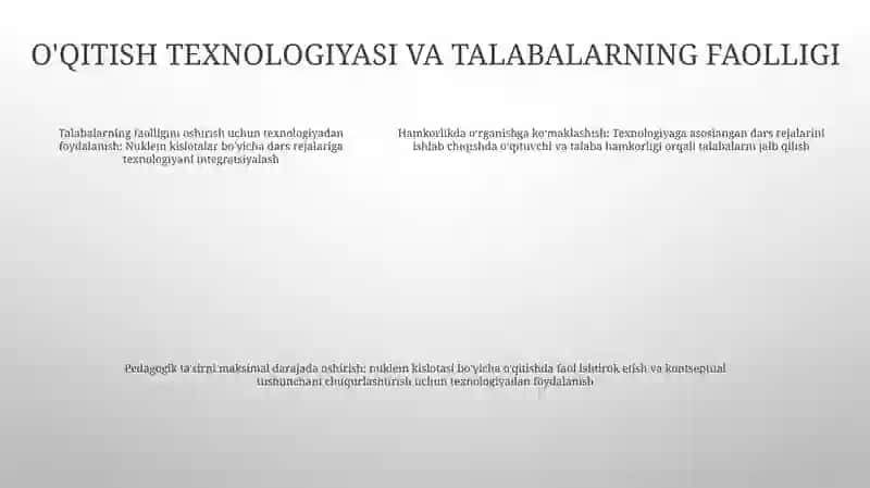 Nuklein Kislotalar Mavzusini Bo'Yicha O'Qituvchi Va O'Quvchi Hamkorligida O'Qitish Texnalogiyasidan Foydalanib Dars Ishlanmalarini Ishlab Chiqish 4