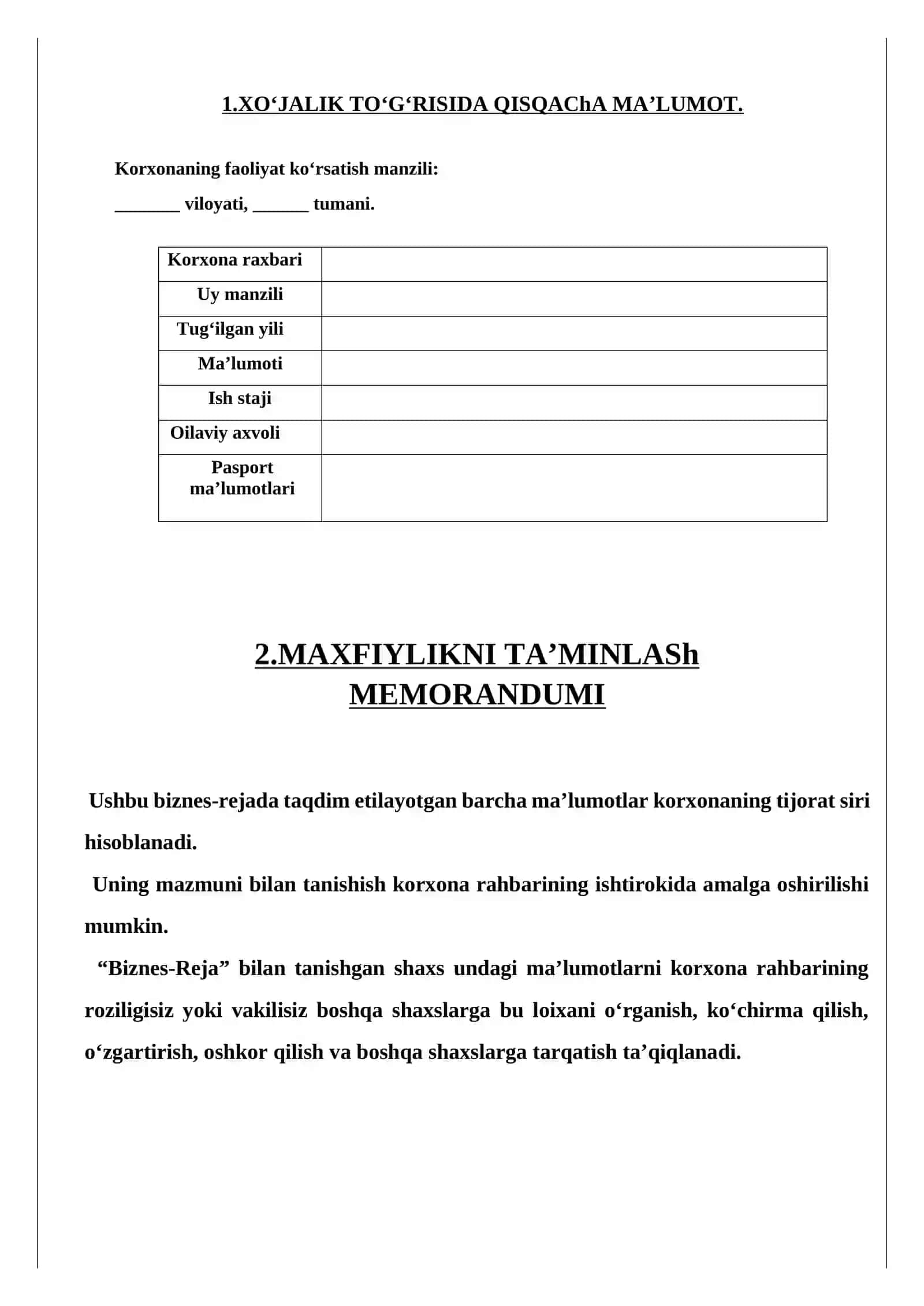 ASALARICHILIK FAOLIYATINI TASHKIL QILISH BIZNES REJASI 4