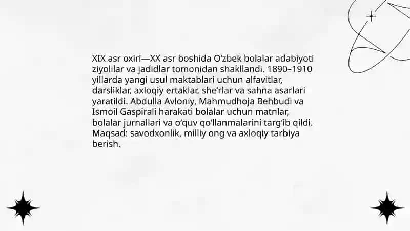 Oʻzbek bolalar adabiyotining vujudga kelishi va 30-40-yillardagi oʻzbek bolalar adabiyoti.Hozirgi davrdagi oʻzbek bolalar adabiyoti 4