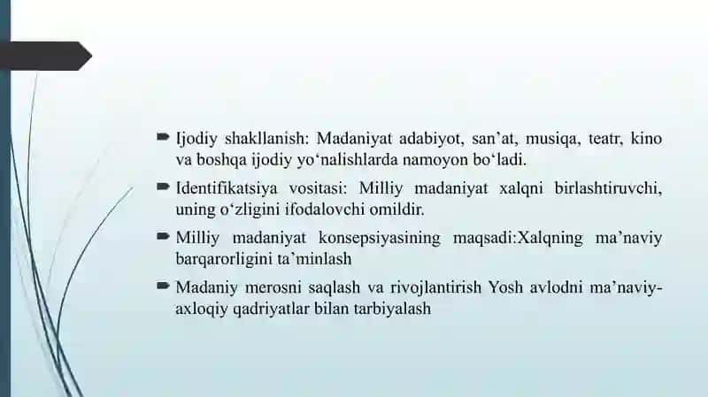 MILLIY MADANIYAT KONSEPSIYASI. MADANIYAT VA SAN’AT TARIXINING ZAMONAVIY TENDENSIYALARI 4