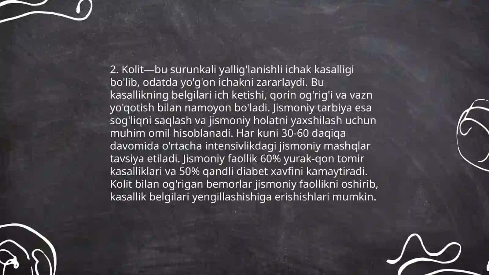 Kolit kasalligida jismoniy mashqlar majmuasini tuzish 4