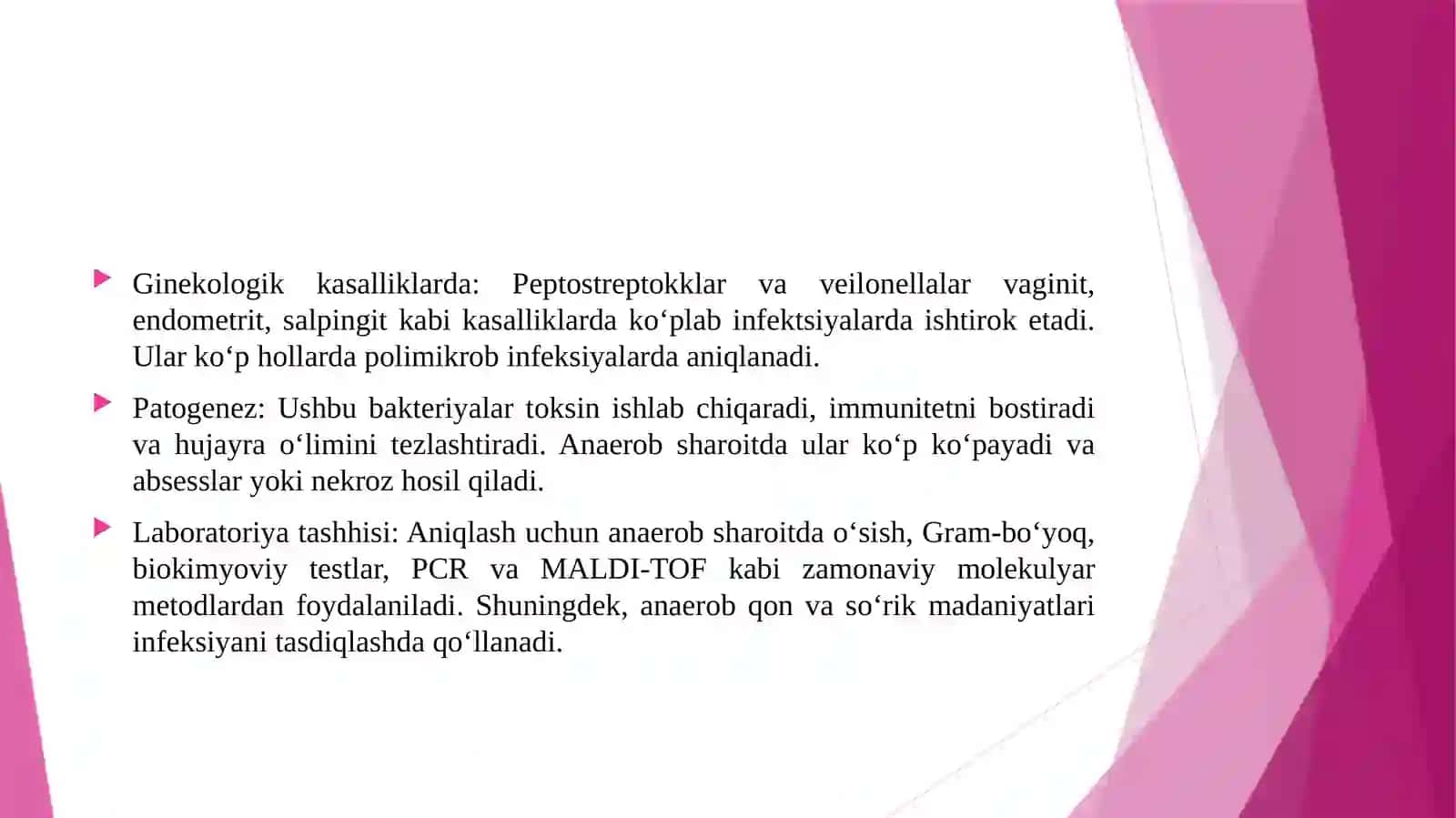 Shartli patogen anaerob kokklarni (peptokokklar, peptostreptokklar, veylonellalar) hirurgik va ginekologik kasalliklardagi ahamiyati. Qandli diabetda uchraydigan infeksiyalar, patogenez va laboratoriya tashhisi. 4