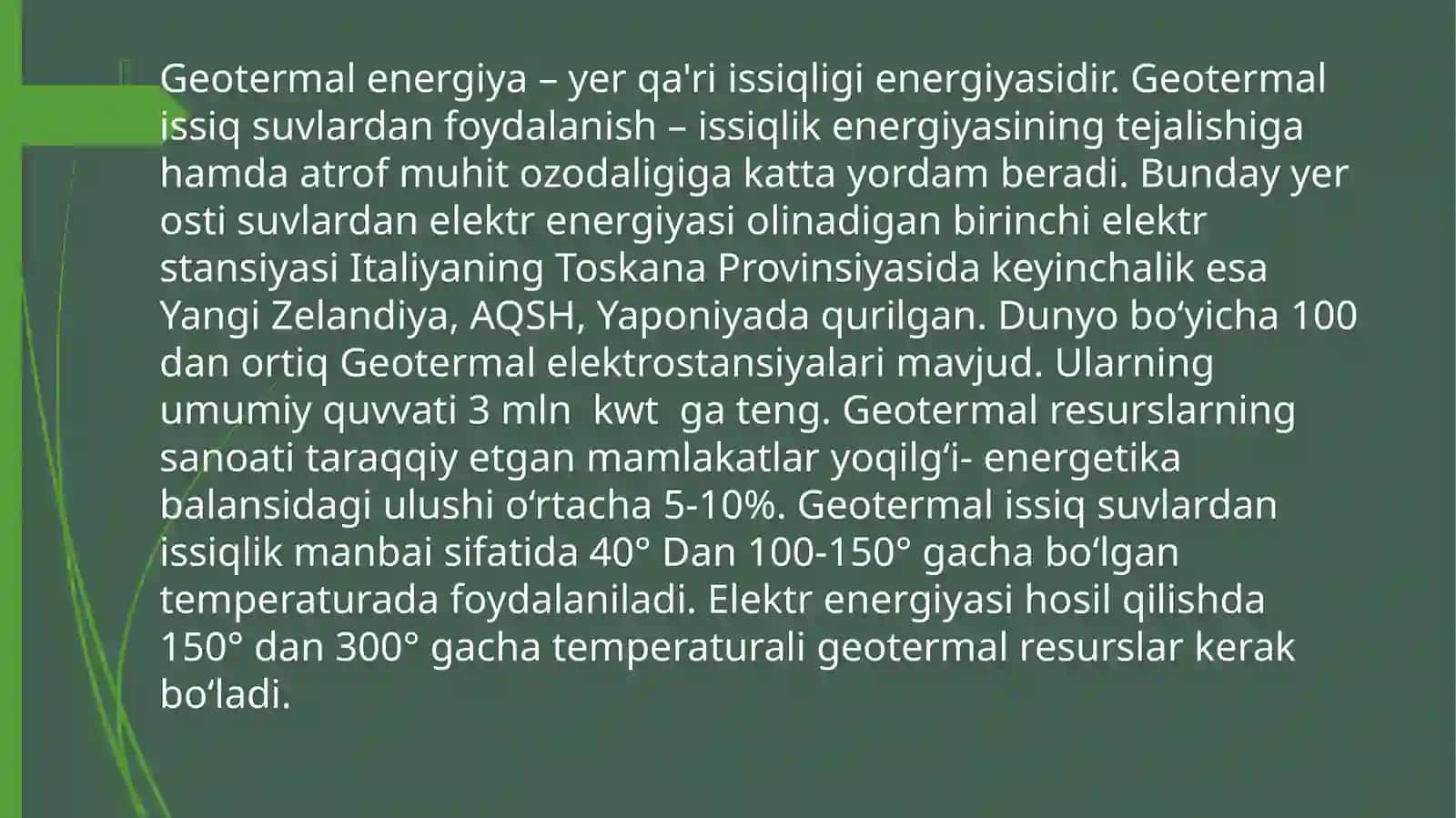 Issiqlik energiyasidan foydalanishda geotermal energiya manbalaridan foydalangan holda organik yoqilg’ilar sarfini kamaytirish 4
