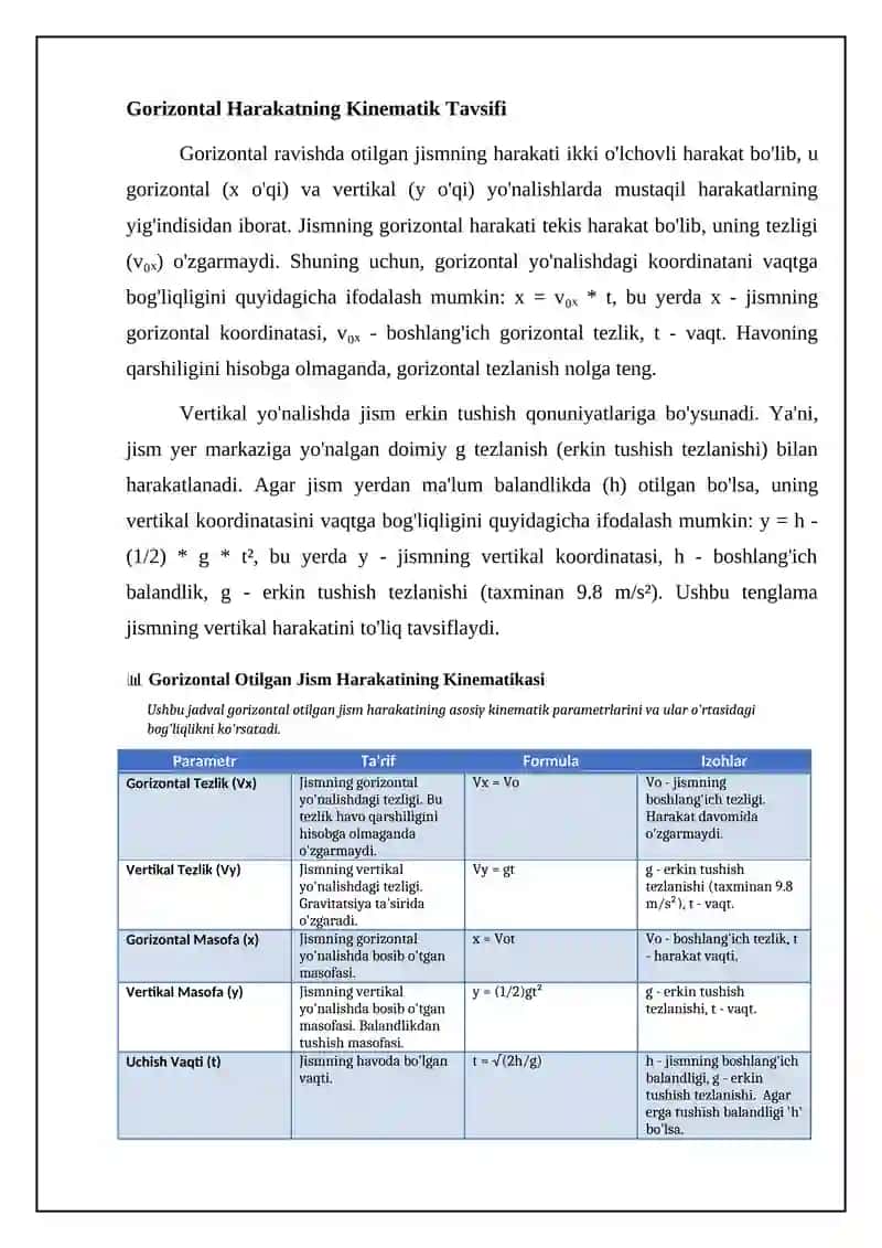 Gorizontal va gorizontga nisbatan burchak ostida otilgan jismning harakati 4