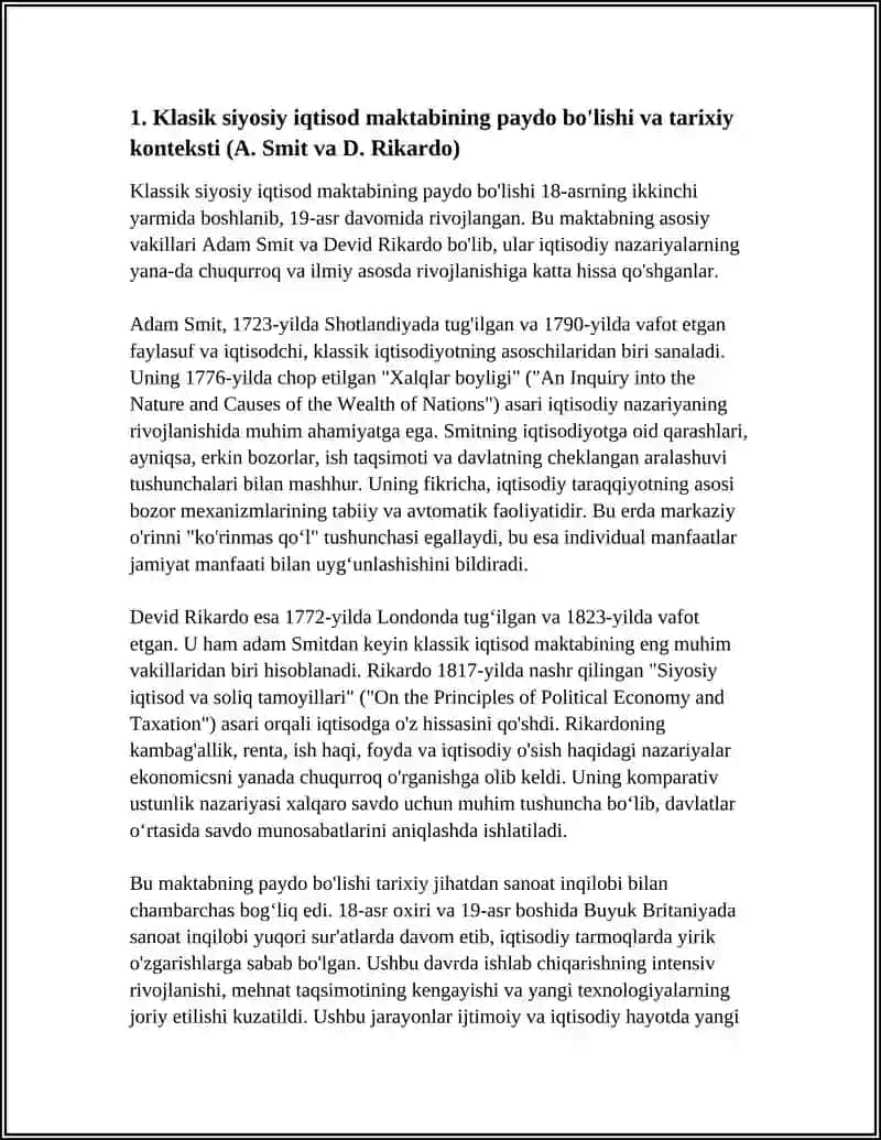 KLASIK SIYOSIY IQTISOD MAKTABINING SHAKLLANISHI: A. SMIT VA D. RIKARDO QARASHLARI 4