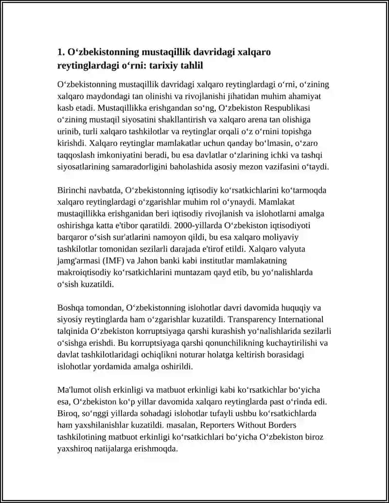 OʻZBEKISTONNI XALQARO REYTINGLARDAGI KOʻRSATKICHLARINI KOʻTARILISHNING TARIXIY VA SIYOSIY AHAMIYATI 4