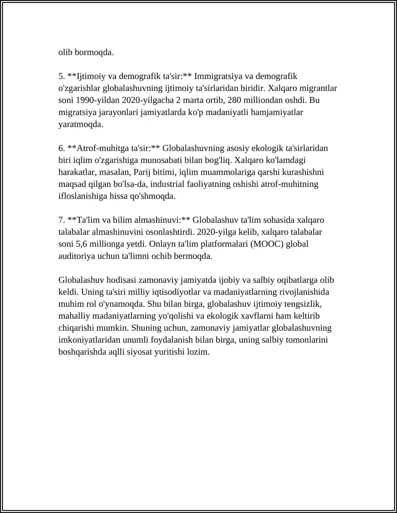 GLOBALLASHUV, GLOBALISTIKA VA BARQAROR TARAQQIYOTNING USTUVOR YOʻNALISHLARI MAVZUSIDA ESSE TAYYORLASH VA UNING TAQDIMOTINI OʻTKAZISH 4