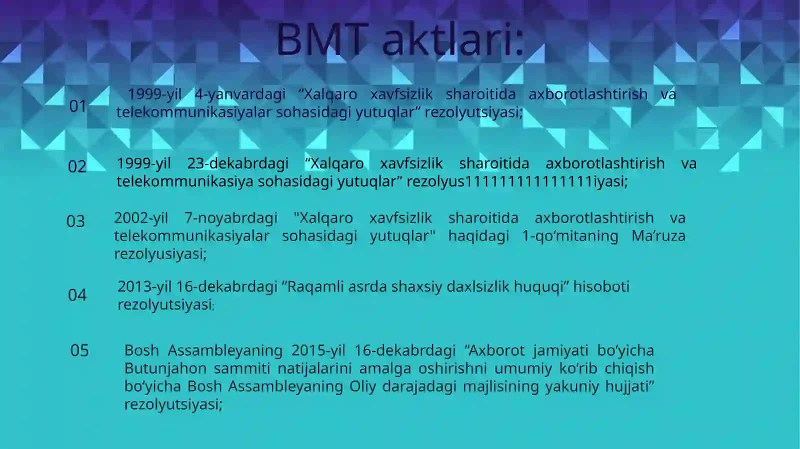 Kiber huquq va internet huquqining xalqaro va milliy miqyosda shakllanish asoslari. “Blokcheyn” va “data mining” haqida tushuncha. 4