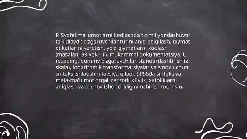 SPSSda maʼlumotlarni qayta ishlash sanʼati boʻyicha A.Byuyul va P.Syofelning qarashlarini tahlil qilish 4