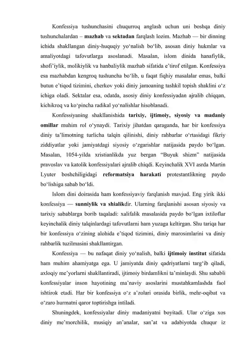 Konfessiya tushunchasining mohiyati va O`zbekistonda faoliyat yurutuvchi diniy konfessiyalarning tasnifi 4