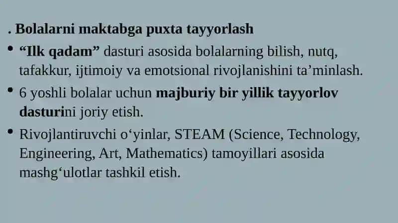 Bolalarni maktabga tayyorlashda o'zbekiston respublikasi maktabgacha ta'lim tizimini 2030 yilgacha rivojlantirish konsepsiyasi haqida malumot . 4