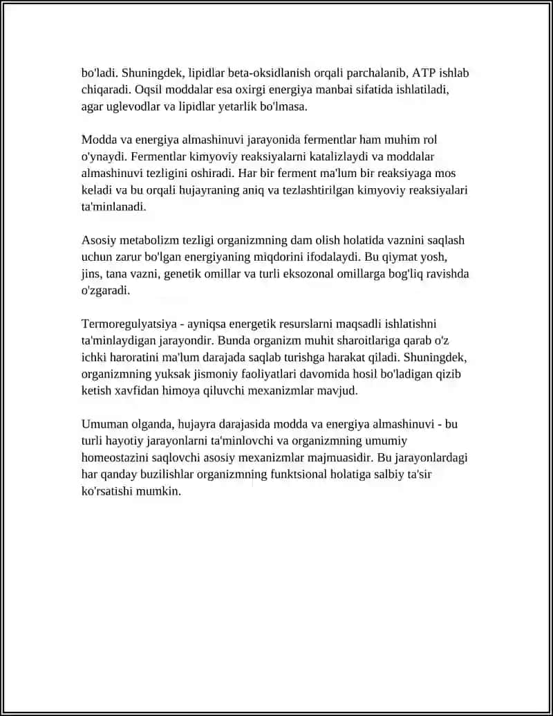MODDA VA ENERGIYA ALMASHINUVI. OVQATLANISH. TERMOREGULYATSIYA. KOLORIMETRIYA 4