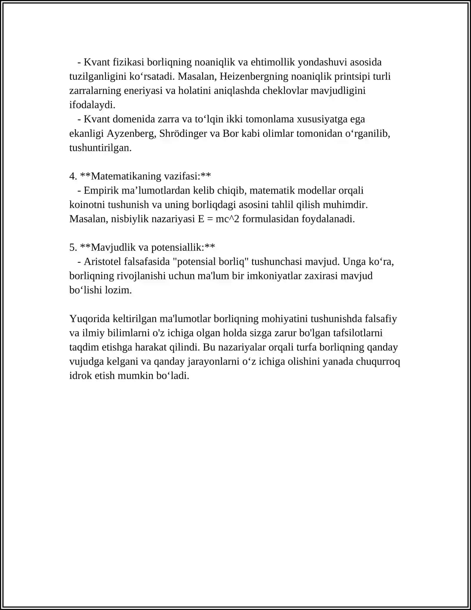 FALSAFA VA TABIIY ILMIY FANLARDA BORLIGʻNING MOHIYATIGA OID KONSEPSIYALAR 4