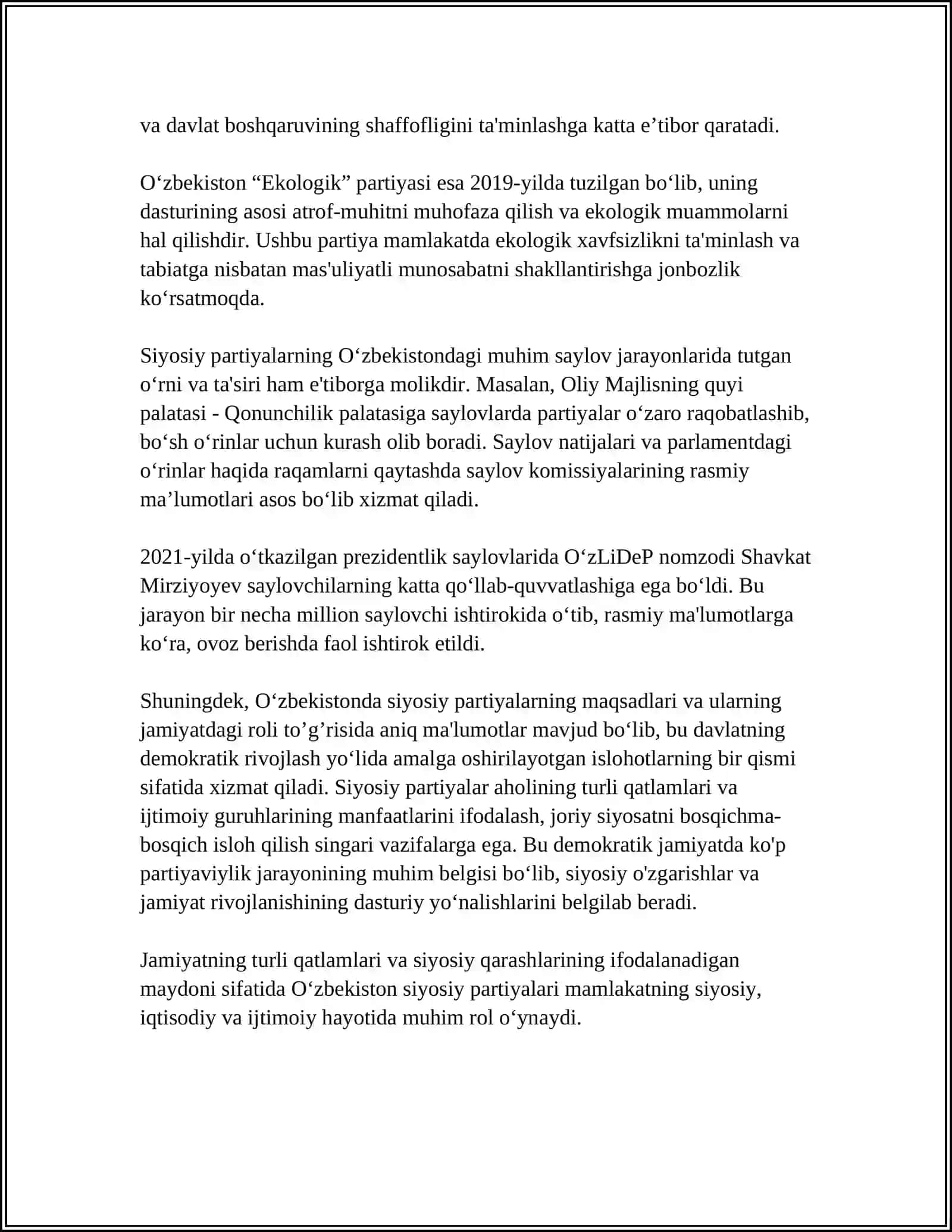 OʻZBEKISTONDAGI SIYOSIY PARTIYALAR FAOLIYATI TOʻGʻRISIDAGI 20 SAHIFADAN IBORAT MUSTAQIL ISH 4