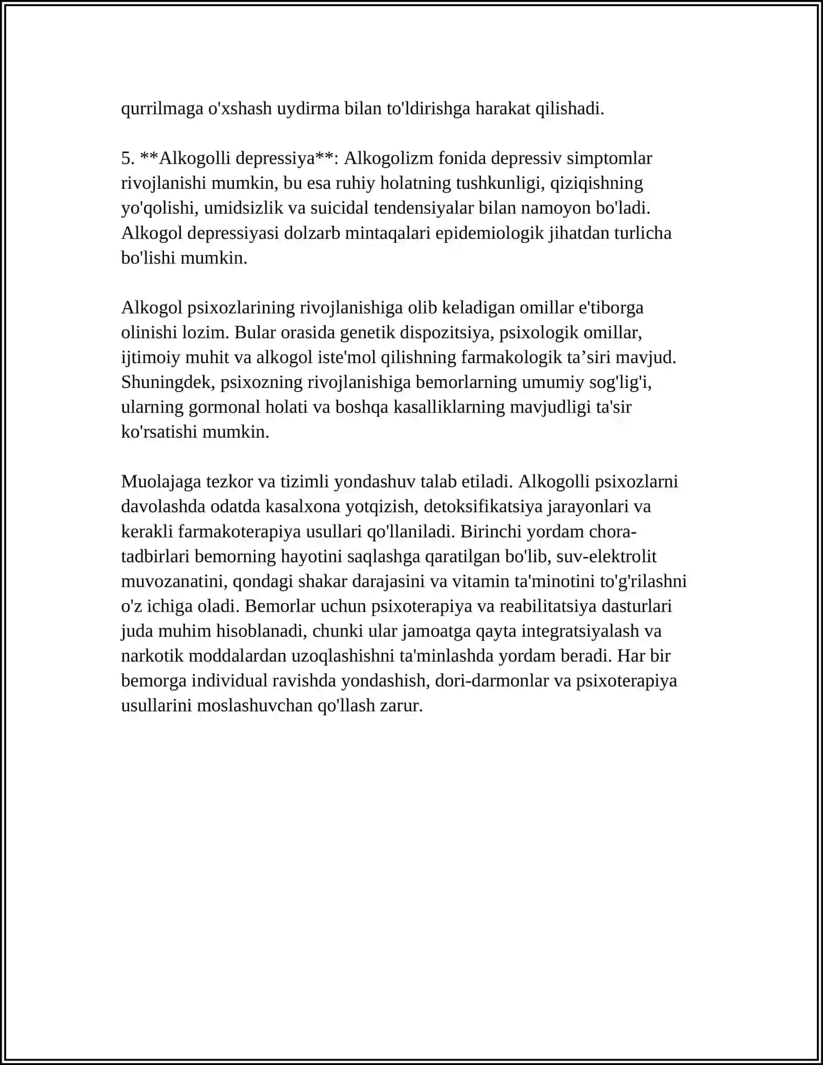 ALKOGOL PSIXOZLARI. ALKOGOL ENSEFALOPATIYALARI. ALKOGOLIZMDA SOMATIK VA NEVROLOGIK YORDAM KO‘RSATISH 4