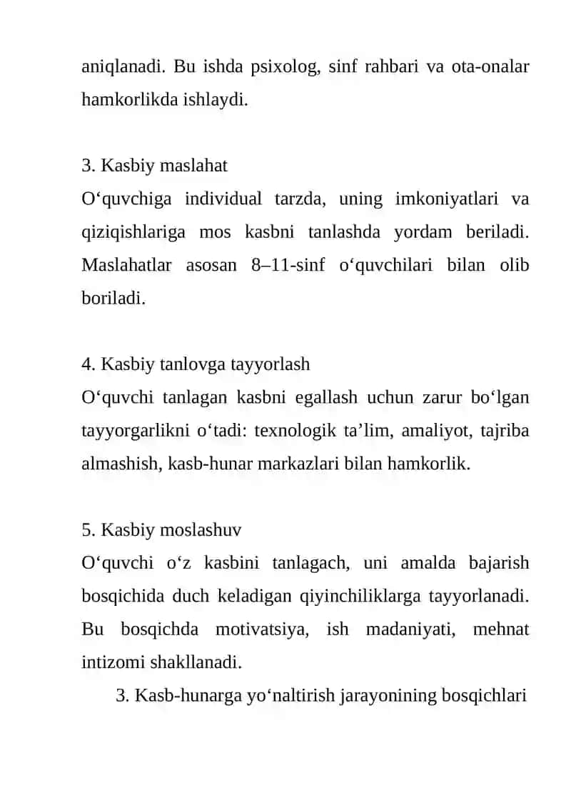 Kasb-hunarga yo‘naltirish ishining asosiy yo‘nalishlari va bosqichlari 4