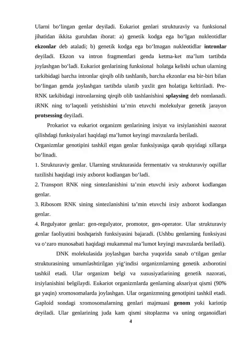 Gen.Genlar tuzilishi, genomlar xilma-xilligi va ularning strukturasi 4