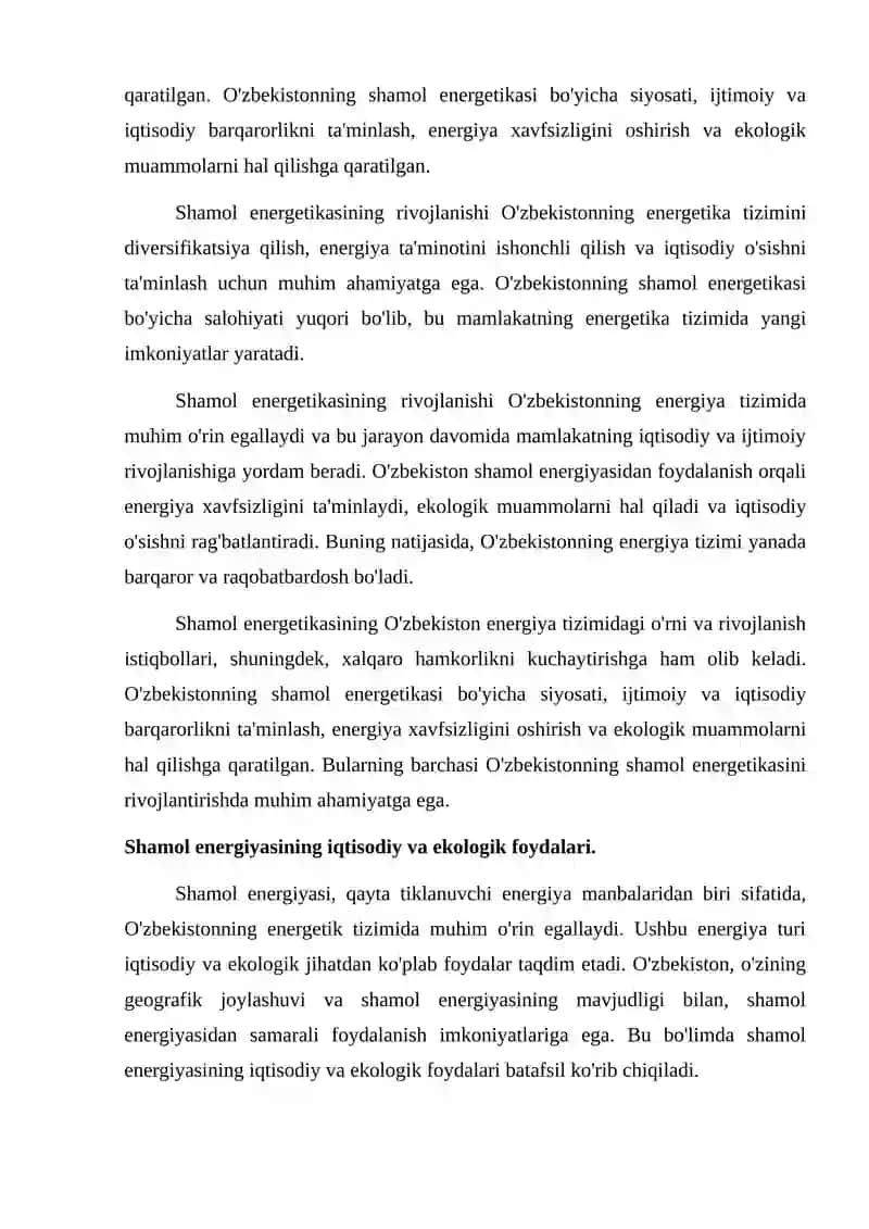 Shamol energetikaisning O'zbekiston energio tizimidagi ahamiyati. 4