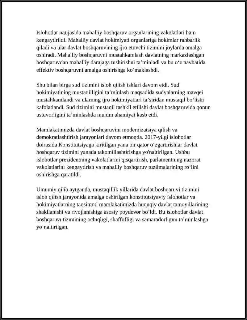 MUSTAQILLIK YILLARIDA DAVLAT BOSHQARUVI TIZIMIDA AMALGA OSHIRILGAN ISLOHOTLAR 4