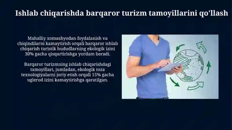Barqaror turizm tamoyillari va ularni ishlab chiqarishda qoʻllash 4