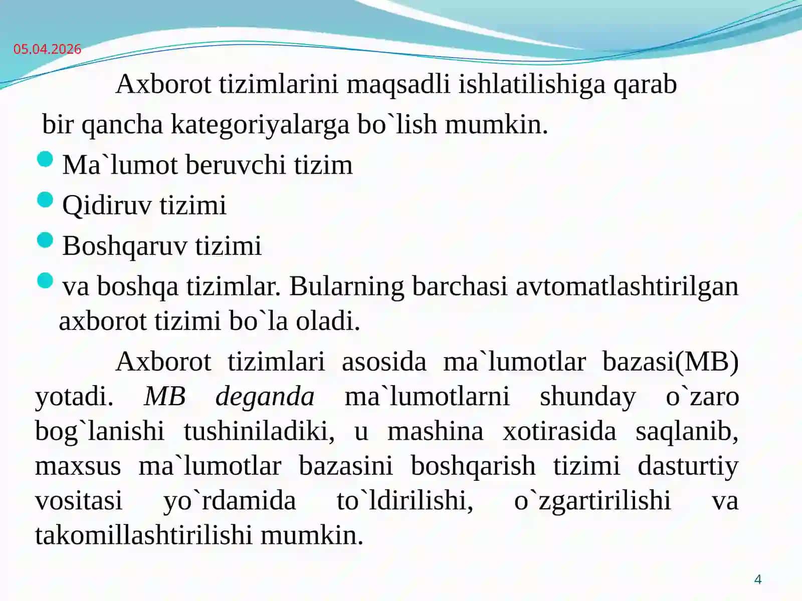 Avtomatlashtirilgan axborot tizmlari 4