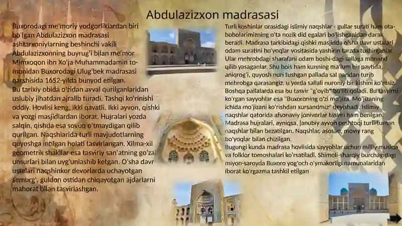 Ashtarxoniylar davrida  me’morchilik va ta’lim  Mang’itlar  davrida  ilm-fan va                       madaniyat 4