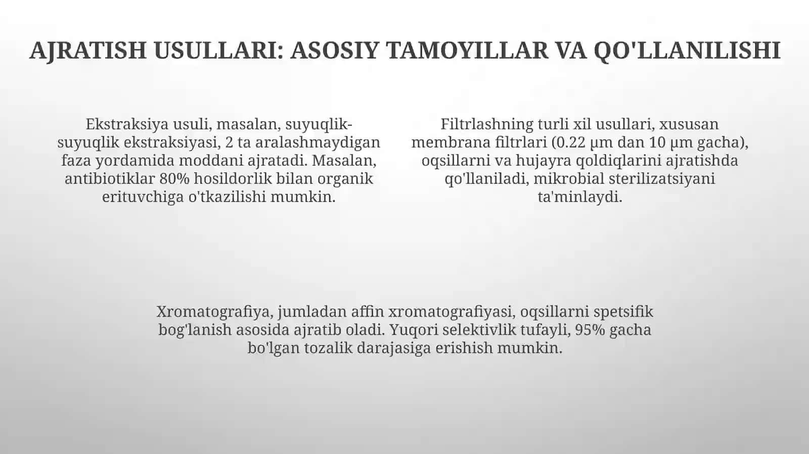 Biotexnologik mahsulotlarni ajratish tozalash va modifikatsiyalash 4