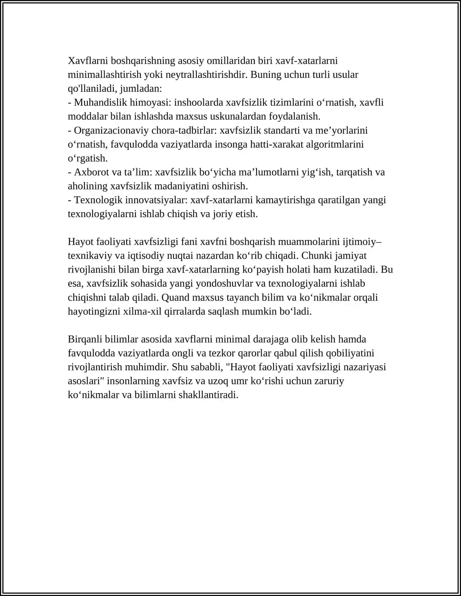 MUSTAQIL ISH Mavzu: HAYOT FAOLIYATI XAVFSIZLIGI NAZARIY ASOSLARI 4