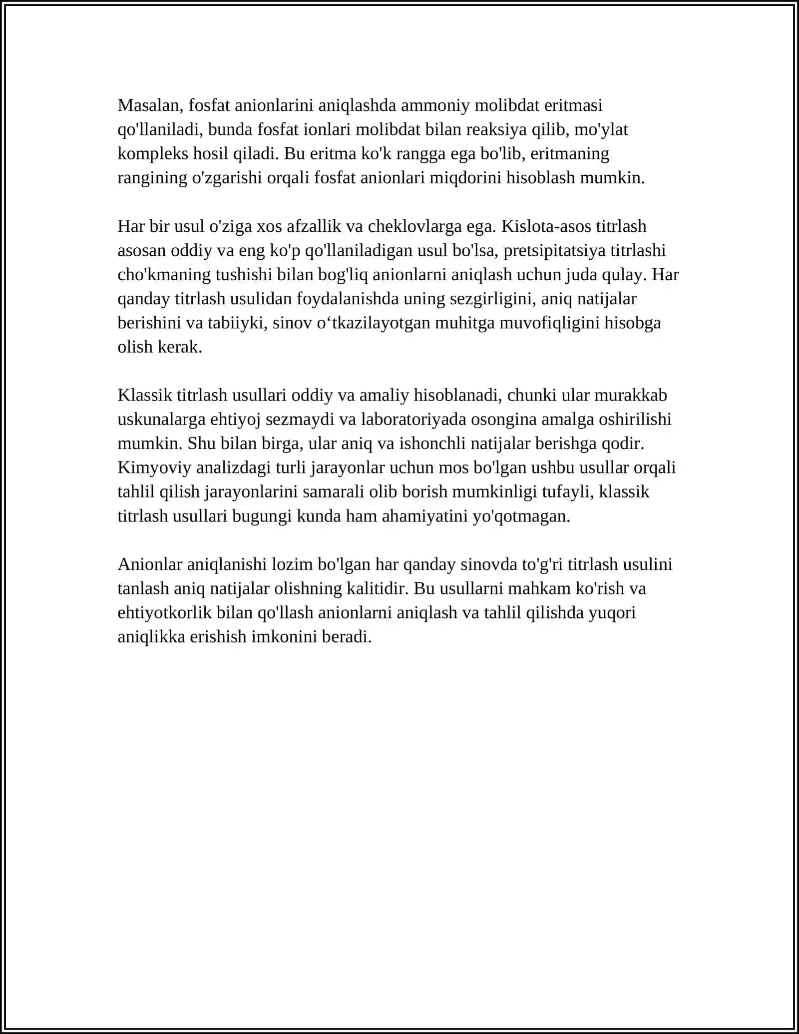 ANALITIK KIMYODA MINERAL OʻGʻITLAR TARKIBIDAGI ANIONLARNI ANIQLASH USULLARI 4