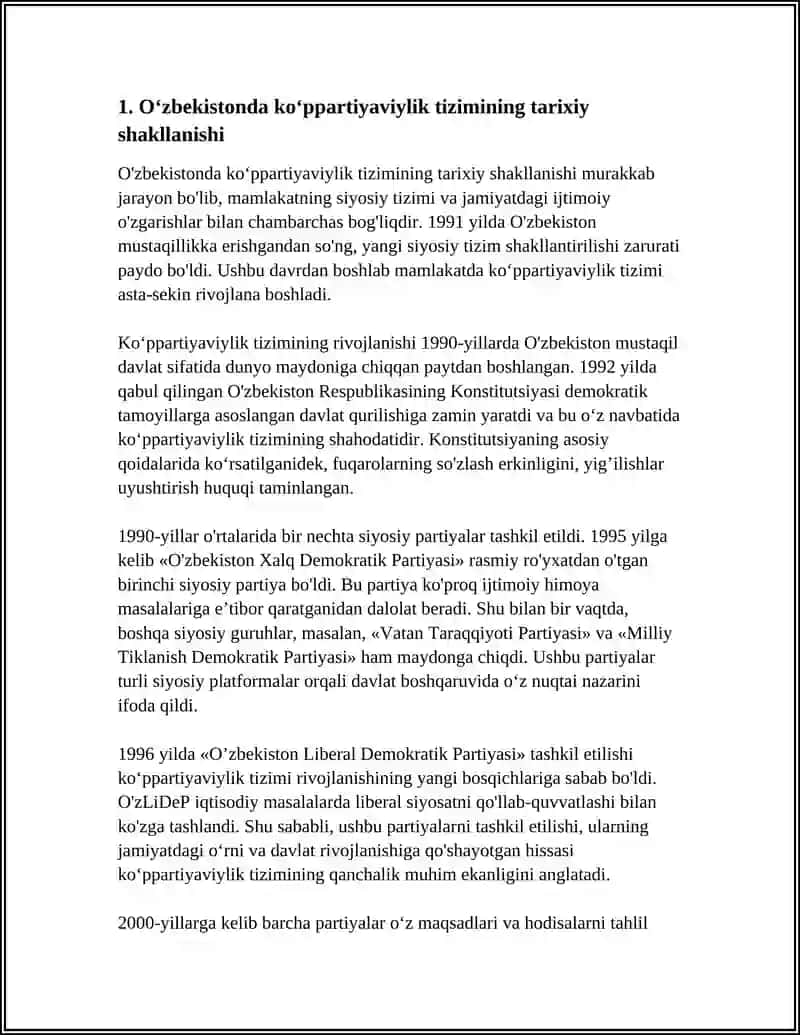 O‘ZBEKISTONDA KO‘PPARTIYAVIYLIK TIZIMINING SHAKLLANISHI VA UNING AHAMIYATI. SIYOSIY PARTIYALAR FAOLIYATIDAGI XUSUSIYATLAR 4