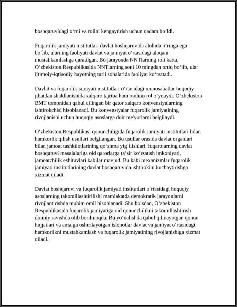 O‘ZBEKISTONDA DAVLAT BOSHQARUVI VA FUQAROLIK JAMIYATI INSTITUTLARINI O‘ZARO MUNOSABATLARI 4