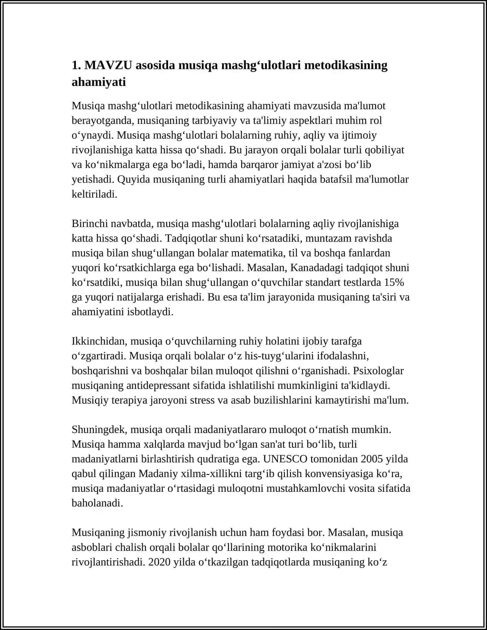 MAVZU ASOSIDA MUSIQA MASHG‘ULOTLARINING METODIK TAHMINOTI, ULARDAN VA AXBOROT KOMPYUTER TEXNOLOGIYALARDAN MASHĢULOT JARAYONIDA FOYDALANISH 4